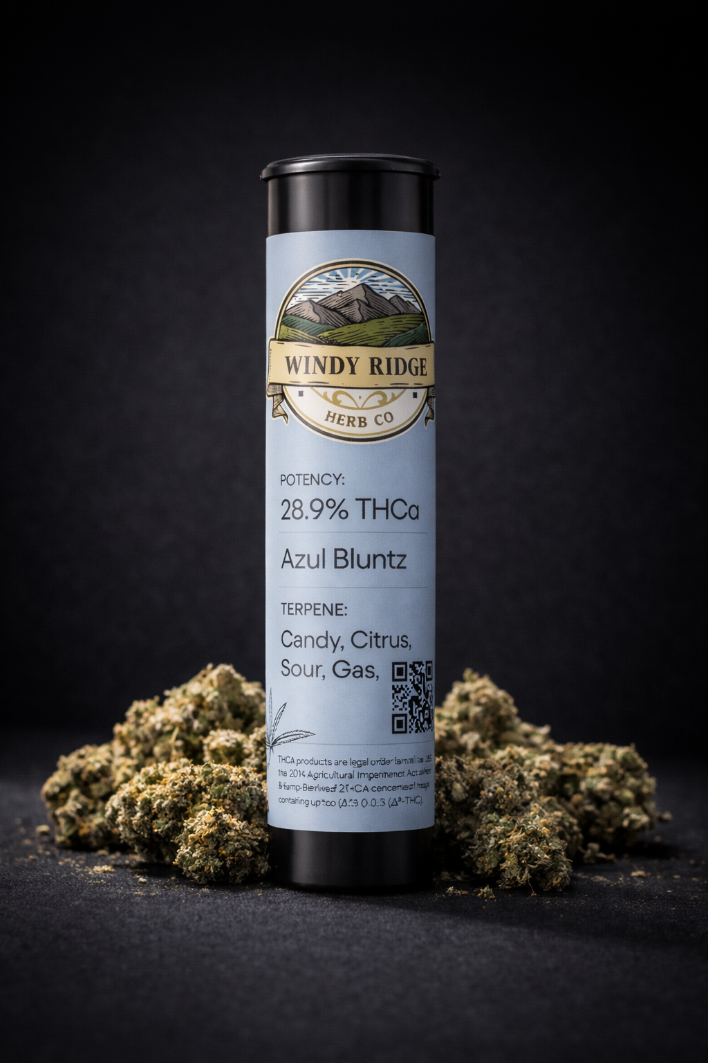 Packaging of Windy Ridge Herb Co. Papaya Cake with azul bluntz pre-rolls buds inside.