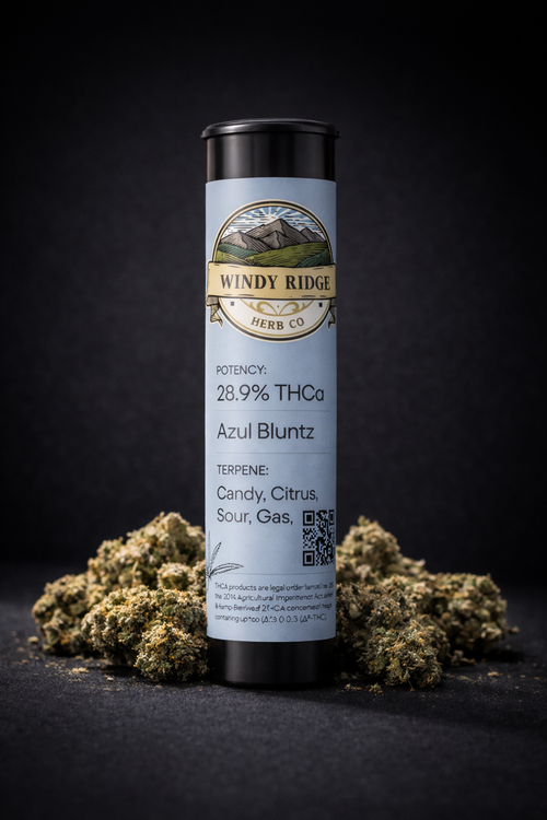 Packaging of Windy Ridge Herb Co. Papaya Cake with azul bluntz pre-rolls buds inside.