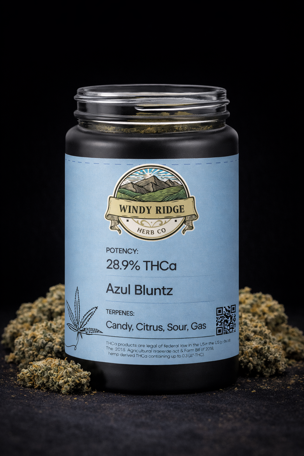 Jars of 'Windy Ridge Herb Co.' product with a black background