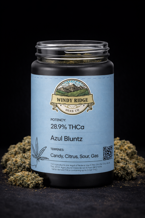 Jars of 'Windy Ridge Herb Co.' product with a black background