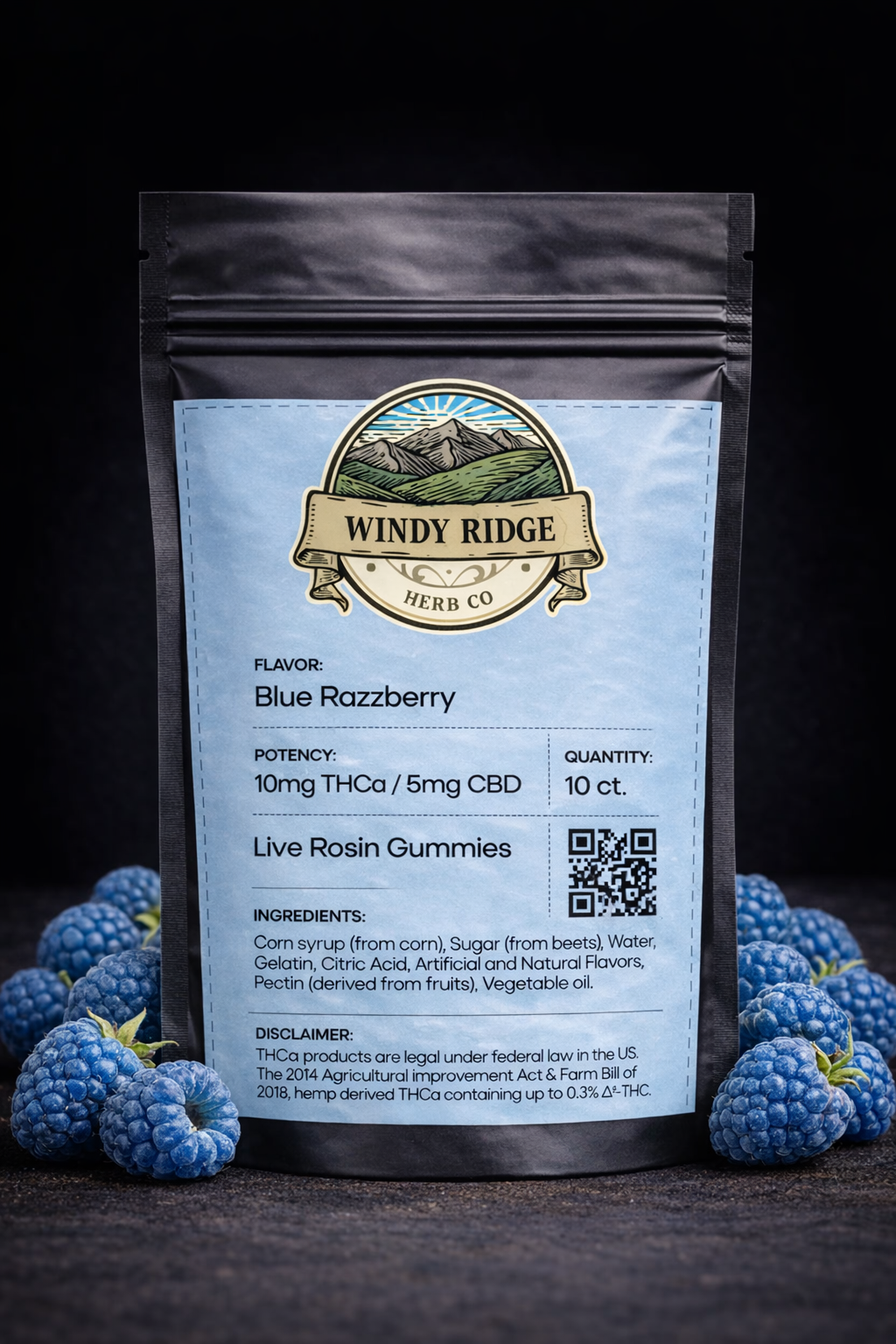 Windy Ridge Gummies packaging with blue raspberries on a dark background