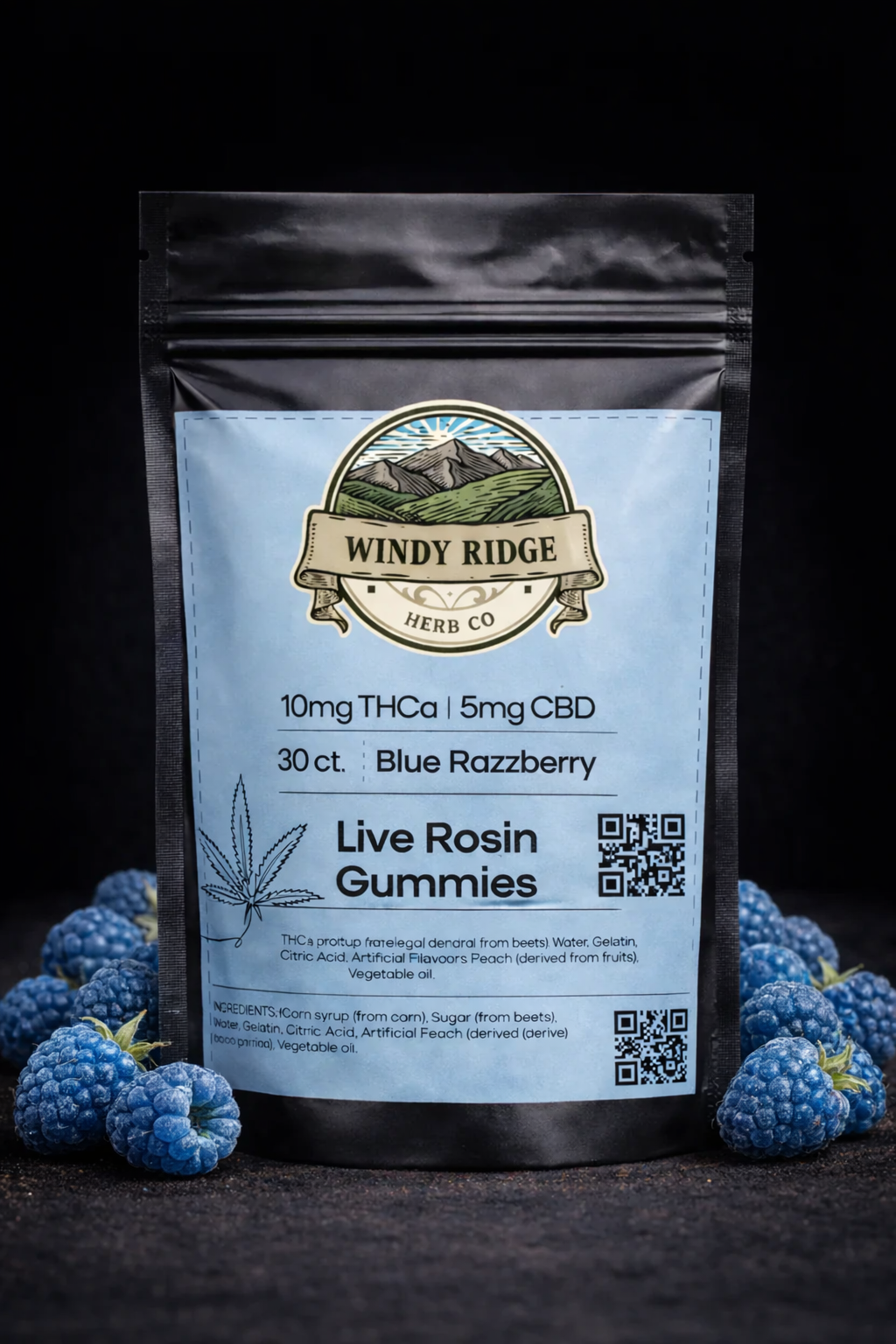 Windy Ridge Herb Co. package of Blue Razzberry Live Rosin Gummies with blueberries on a dark background