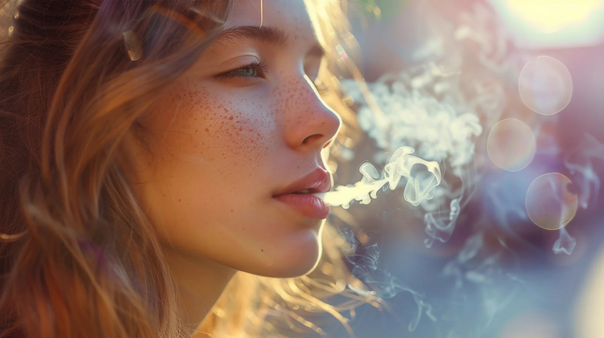 Woman with freckles blowing smoke, surrounded by a soft, blurred background